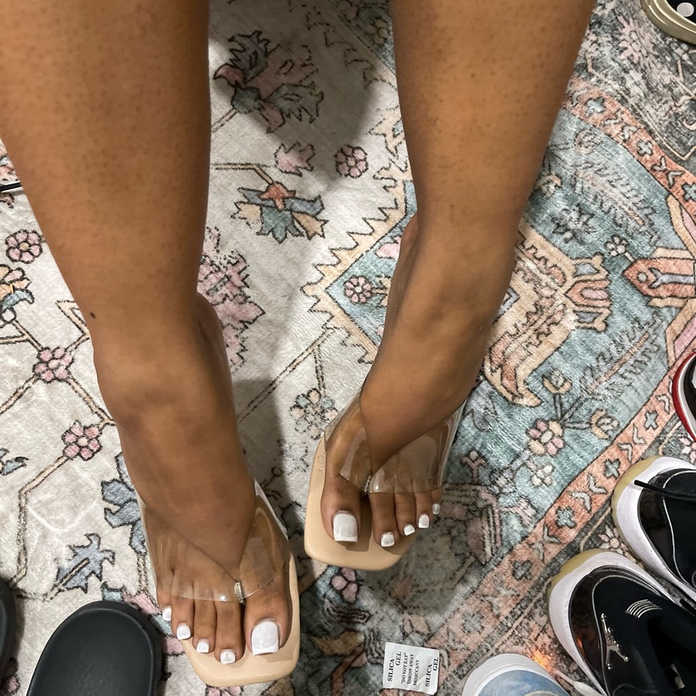 Clear Strap Flip Flop Heels in Nude